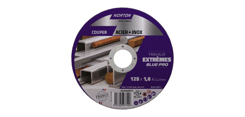 Disque à tronçonner fin pour métal/inox Norton Travaux Extremes 125 x 1,6 x 22,23 mm