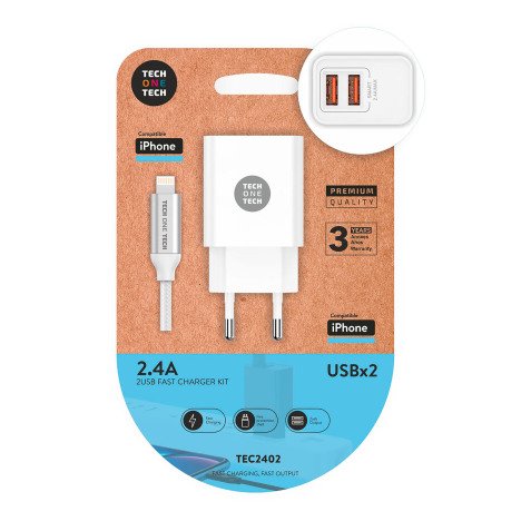 Cargador universal 12W TECH 2xUSB-A/ Apple Ligthning + cable 1m 2,4a carga rápida TEC2402
