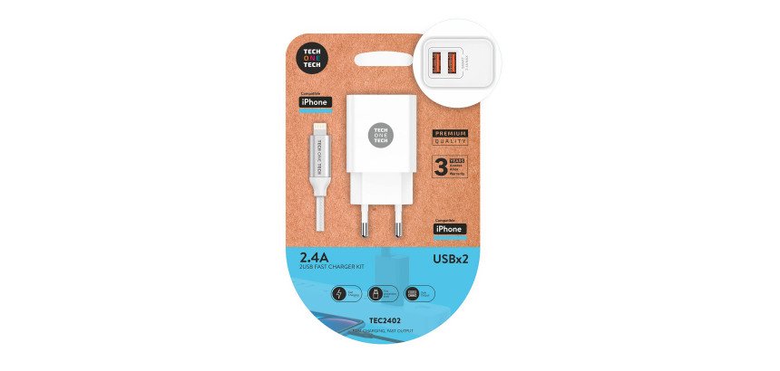 Cargador universal 12W TECH 2xUSB-A/ Apple Ligthning + cable 1m 2,4a carga rápida TEC2402