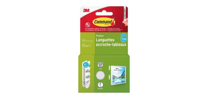 Languettes adhésives Command 3M taille S jusqu'à 1,8 kg - Blister de 4 x 2