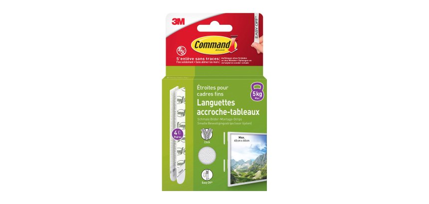 Languettes adhésives étroites Command 3M jusqu'à 5,4 kg - Blister de 4 x 2