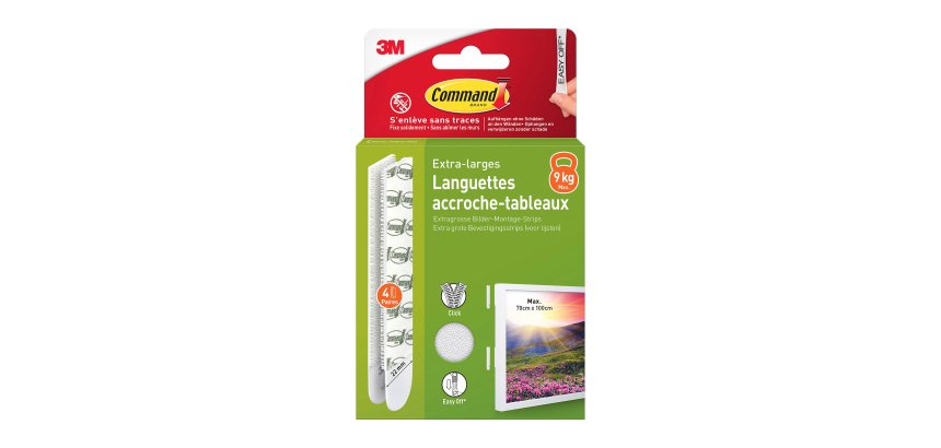 Languettes adhésives Command 3M taille XL jusqu'à 9 kg - Blister de 4 x 2
