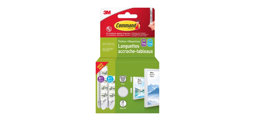 Languettes adhésives Command 3M taille S et M - Blister de 12
