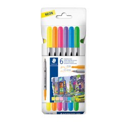 Viltstift met dubbele punt Staedtler 3200, assortiment van 6 neonkleuren - Hoesje met 6 stuks