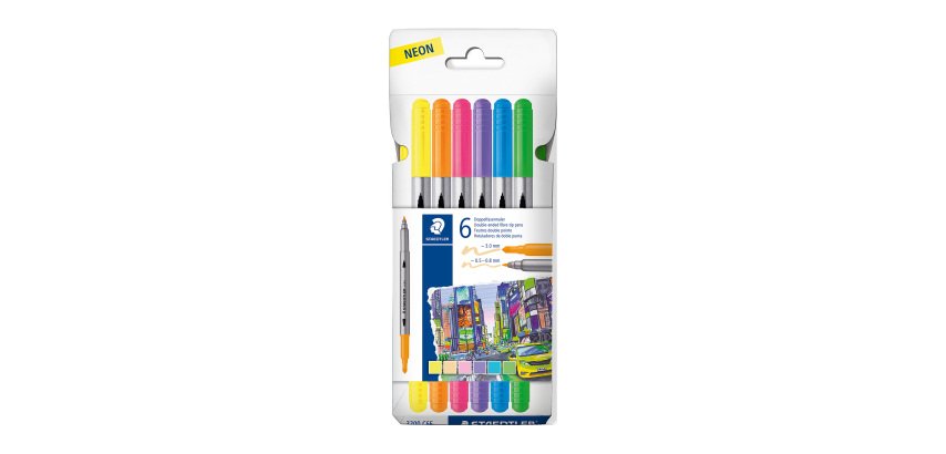 Viltstift met dubbele punt Staedtler 3200, assortiment van 6 neonkleuren - Hoesje met 6 stuks
