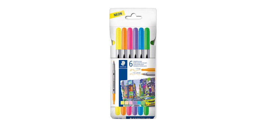 Feutre de coloriage double pointe Staedtler 3200 couleurs néon assorties - Pochette de 6
