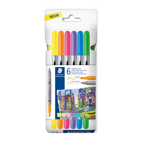 Viltstift met dubbele punt Staedtler 3200, assortiment van 6 neonkleuren - Hoesje met 6 stuks