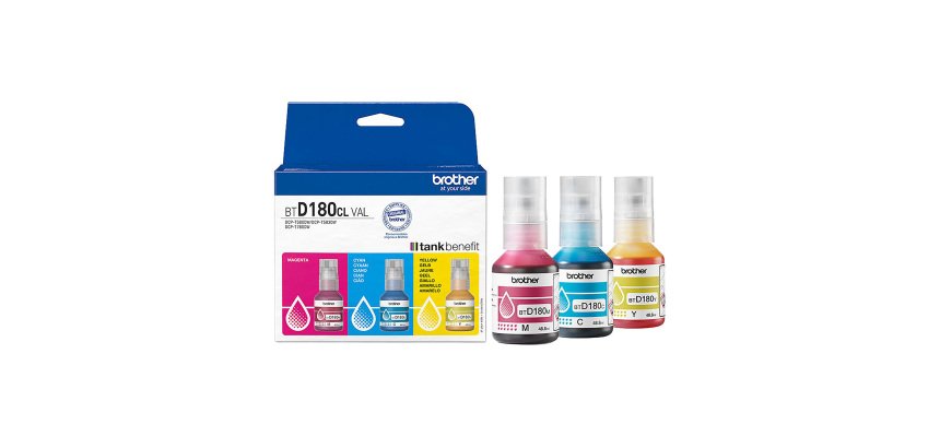 BROTHER Pack 3 bidons d'encre BTD180 cyan magenta jaune pour imprimante à réservoir d'encre
