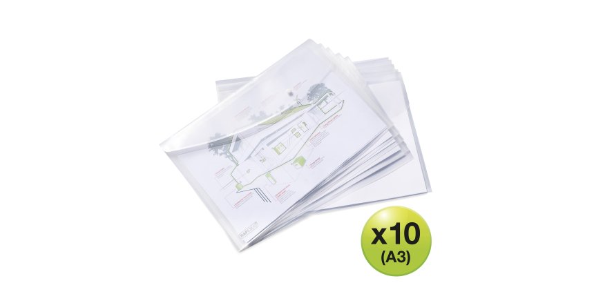 Pochette de rangement à bouton pression Rapesco A3 transparentes - Lot de 10