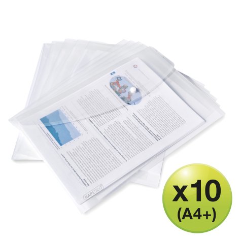 Pochette de rangement à bouton pression Rapesco A4+ transparentes - Lot de 10