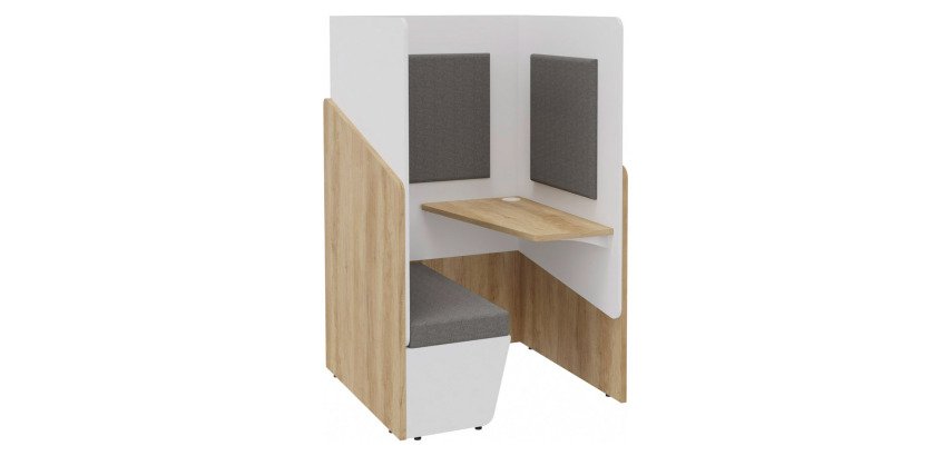 Alcôve acoustique Fokuus Solo Assise banc avec tablette à droite L 100 x P 100 x H 162 cm chêne naturel
