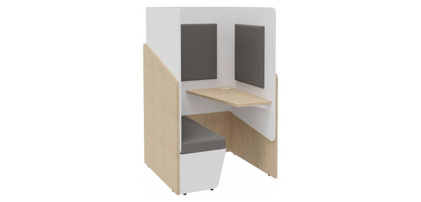 Alcôve acoustique- cabine de confidentialité Fokuus Solo Assise banc avec tablette à droite L 100 x P 100 x H 162 cm