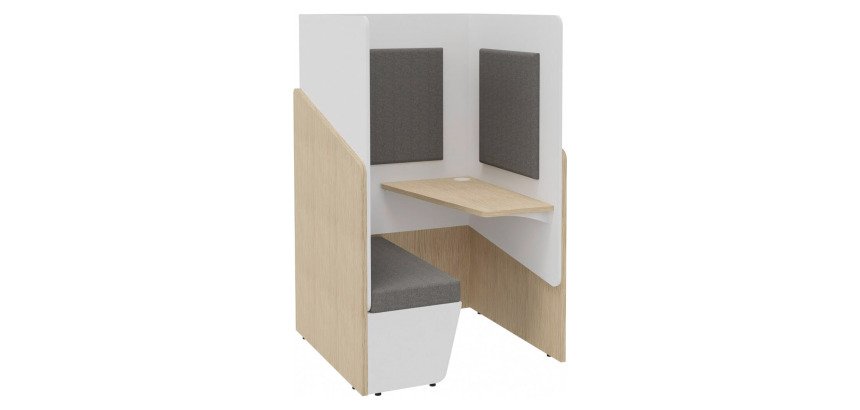 Alcôve acoustique Fokuus Solo Assise banc avec tablette à droite L 100 x P 100 x H 162 cm chêne clair