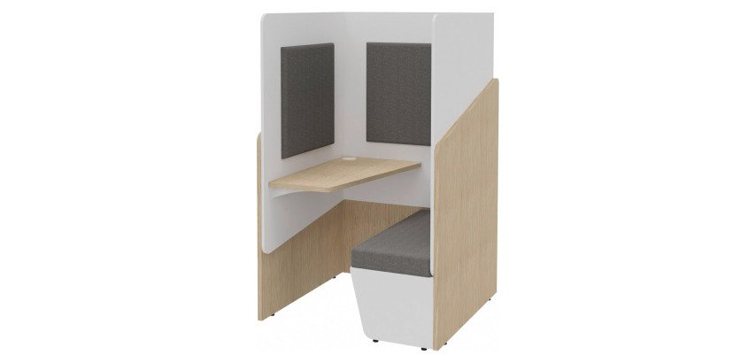 Alcôve acoustique- cabine de confidentialité Fokuus Solo Assise banc avec tablette à gauche L 100 x P 100 x H 162 cm