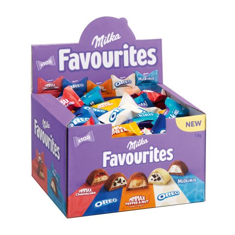 Assortiment de chocolats individuels Milka Favourites - Boîte présentoir 1 kg - 108 pièces