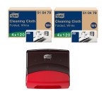 Tork Panni per pulizia bianchi -  2 cartoni x 4 confezioni da 120 panni + dispenser W4 nero-rosso