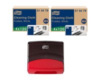 Tork Panni per pulizia bianchi -  2 cartoni x 4 confezioni da 120 panni + dispenser W4 nero-rosso