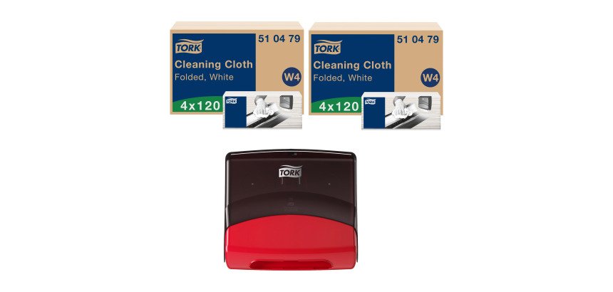 Tork Panni per pulizia bianchi -  2 cartoni x 4 confezioni da 120 panni + dispenser W4 nero-rosso