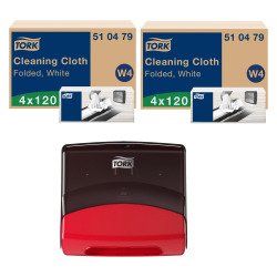 Tork Panni per pulizia bianchi -  2 cartoni x 4 confezioni da 120 panni + dispenser W4 nero-rosso
