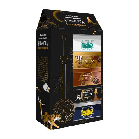 Koffer Lorem Ipsum Bio Kusmi tea, assortiment van 5 theedozen en infusie + theetang