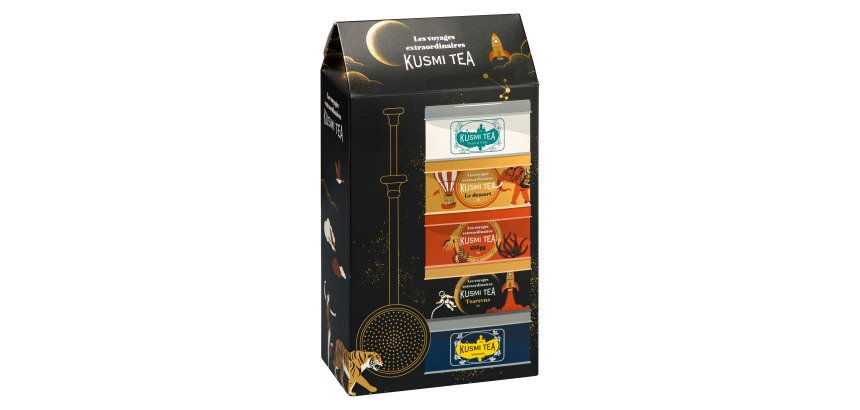 Coffret Lorem Ipsum Bio Kusmi tea, assortiment de 5 boîtes de thé et infusion + pince à thé