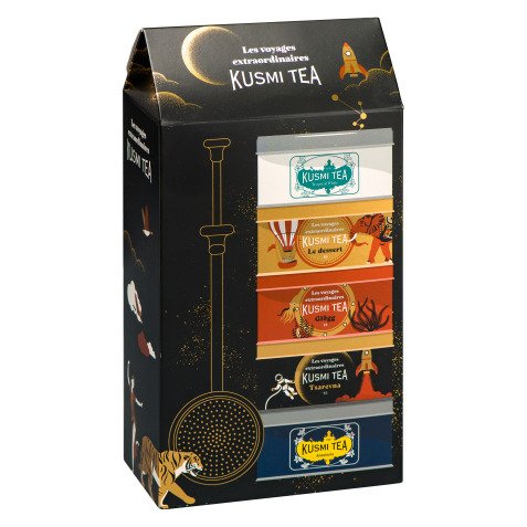 Coffret Bio Kusmi tea, assortiment de 5 boîtes de thé et infusion + pince à thé
