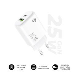 Cargador USB-C GaN 25W Carga rápida 1xUSB-C + 1xUSB-A Subblim