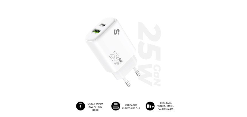 Cargador USB-C GaN 25W Carga rápida 1xUSB-C + 1xUSB-A Subblim