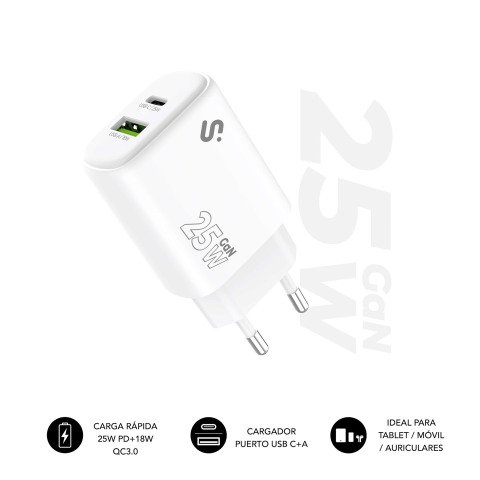 Cargador USB-C GaN 25W Carga rápida 1xUSB-C + 1xUSB-A Subblim
