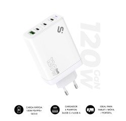 Cargador USB-C GaN 120W Carga rápida 3xUSB-C + 1xUSB-A Subblim