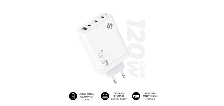 Cargador USB-C GaN 120W Carga rápida 3xUSB-C + 1xUSB-A Subblim