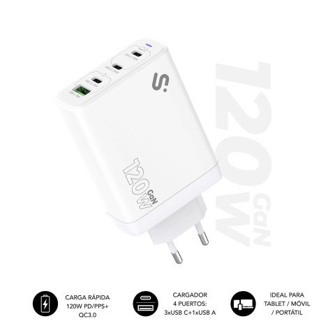 Cargador USB-C GaN 120W Carga rápida 3xUSB-C + 1xUSB-A Subblim