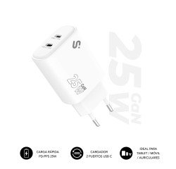 Cargador USB-C GaN 25W Carga rápida 2xUSB-C Subblim