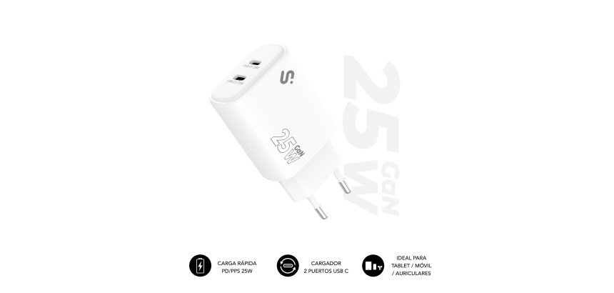 Cargador USB-C GaN 25W Carga rápida 2xUSB-C Subblim