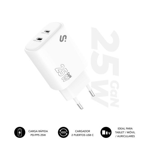 Cargador USB-C GaN 25W Carga rápida 2xUSB-C Subblim