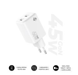 Cargador USB-C GaN 45W Carga rápida 2xUSB-C Subblim
