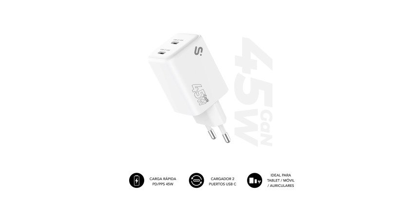 Cargador USB-C GaN 45W Carga rápida 2xUSB-C Subblim