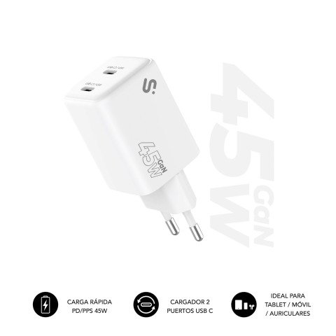 Cargador USB-C GaN 45W Carga rápida 2xUSB-C Subblim
