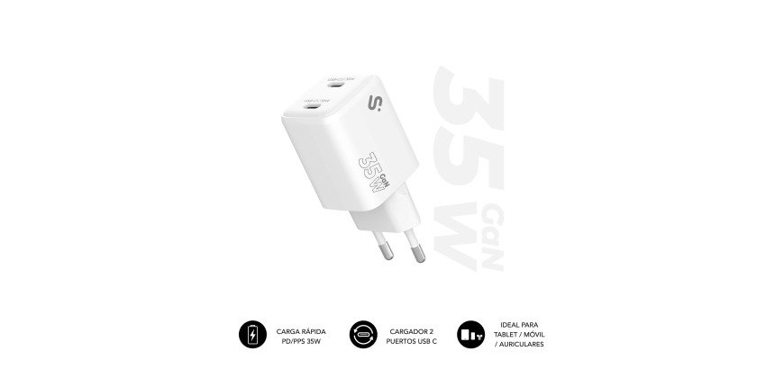 Cargador USB-C GaN 35W Carga rápida 2xUSB-C Subblim