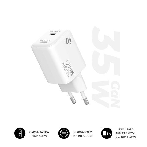 Cargador USB-C GaN 35W Carga rápida 2xUSB-C Subblim