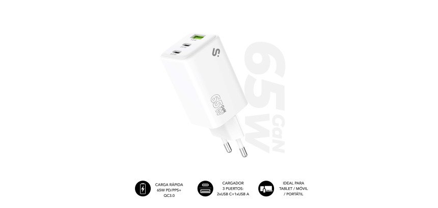 Cargador USB-C GaN 65W Carga rápida 2xUSB-C + 1xUSB-A Subblim