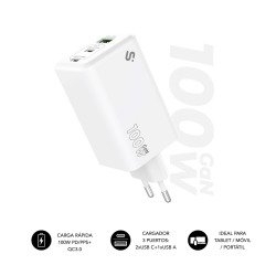Cargador USB-C GaN 100W Carga rápida 2xUSB-C + 1xUSB-A Subblim