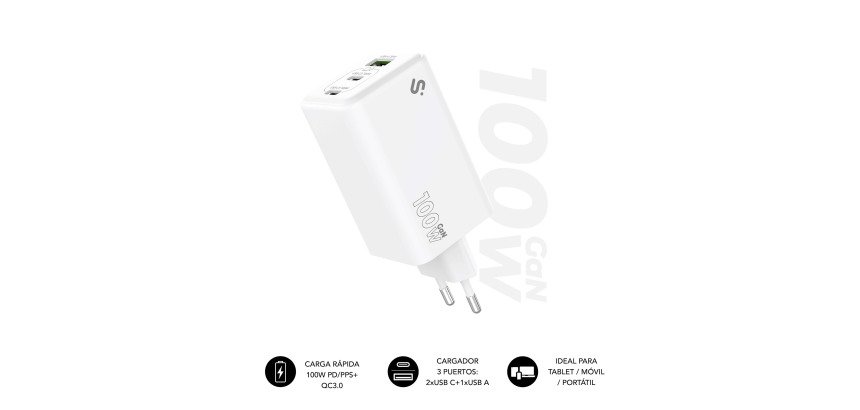 Cargador USB-C GaN 100W Carga rápida 2xUSB-C + 1xUSB-A Subblim