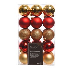 Boules de Noël incassables assorties - boîte de 30 - rouges et dorées