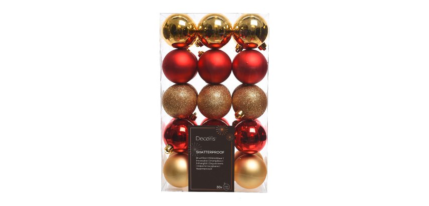 Boules de Noël incassables assorties - boîte de 30 - rouges et dorées