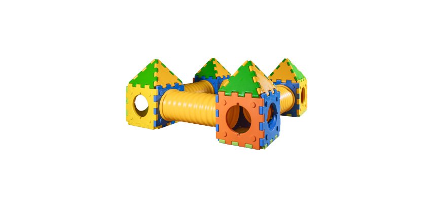 Castello a gioco modulare componibile con 4 casette e 4 tunnel