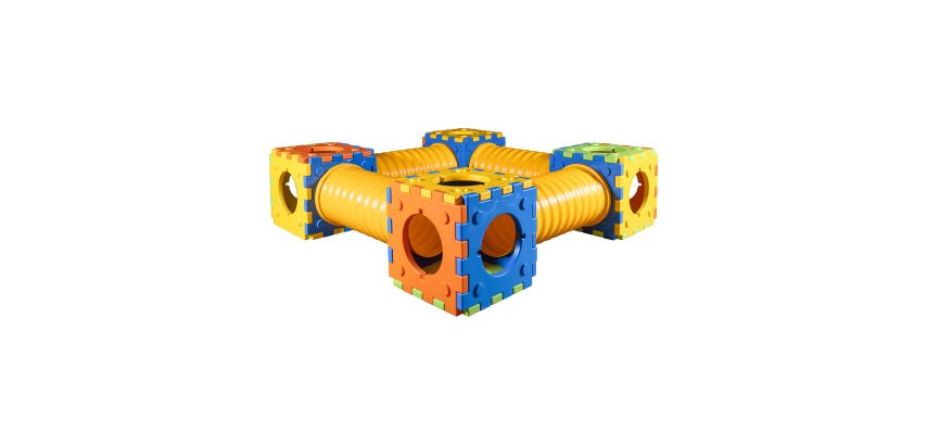 Gioco quadrotto modulare componibile con 4 cubotti e 4 tunnel