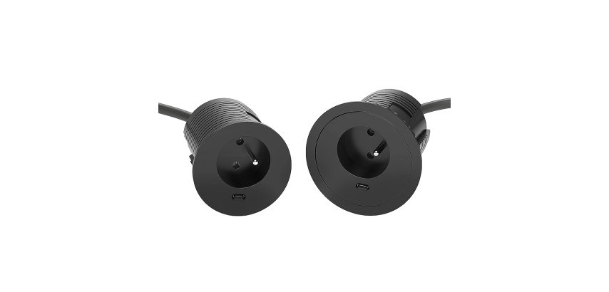 Prise encastrable Versatag pour bureau - 1 prise secteur  + 1 USB-C – diamètre 60 et bague 80 mm