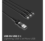 Mobility Lab câble 3 en 2 Type USB-C Lightning et micro USB 1,2 m noir