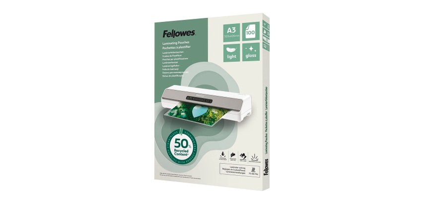 Fellowes Pouches per Plastificatrice A3 80 Micron Lucide Riciclate 50% – 100 Pz